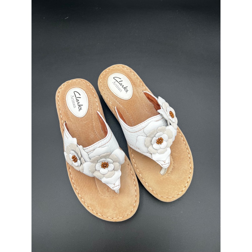 Clarks Artisan White Leather Floral Thong Sandals Slides Women Size 7.5 M